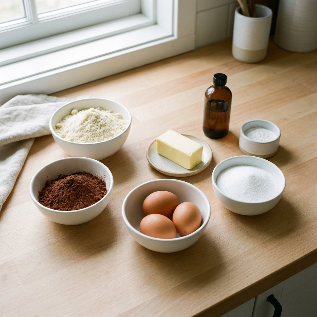 Zutaten für Keto Schokoladenkuchen: Mandelmehl, Kakaopulver, Butter und Eier