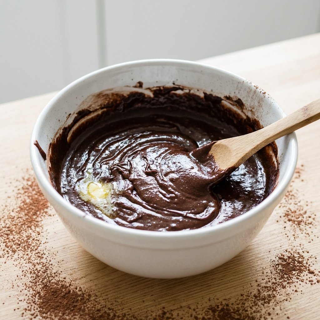 Keto Schokoladenkuchenteig in der Schüssel, bereit zum Backen