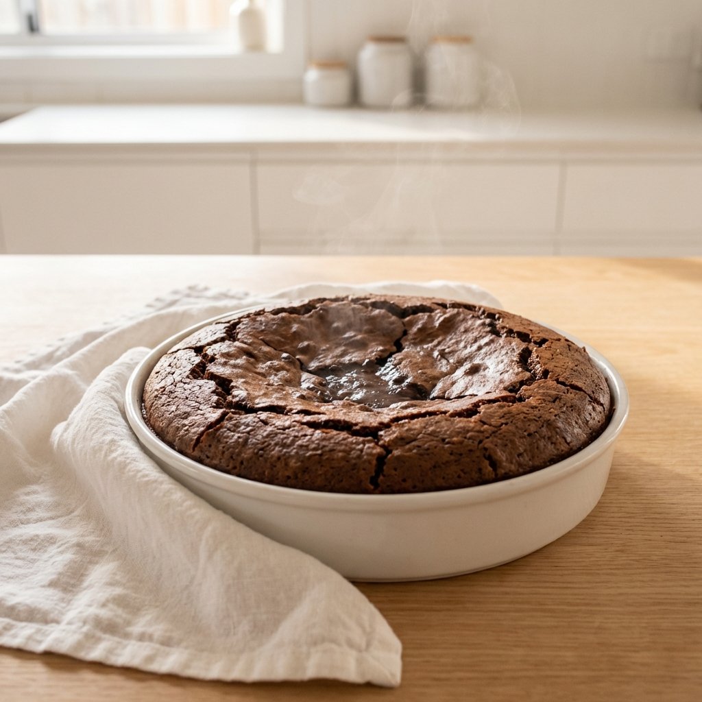 Keto Schokoladenkuchen frisch aus dem Ofen mit typischem Rissmuster auf der Oberfläche