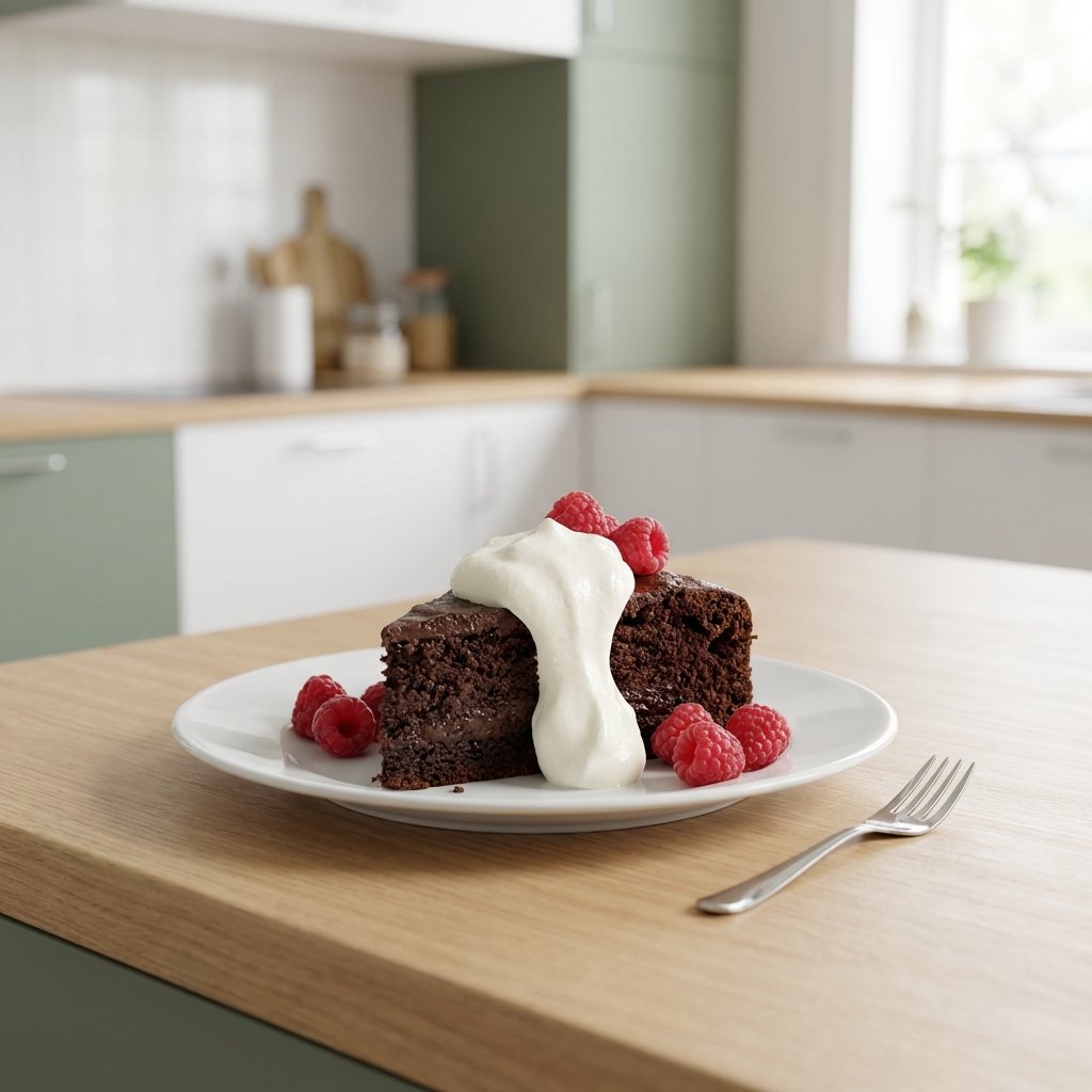 Portion Keto Schokoladenkuchen mit Schlagsahne und Himbeeren