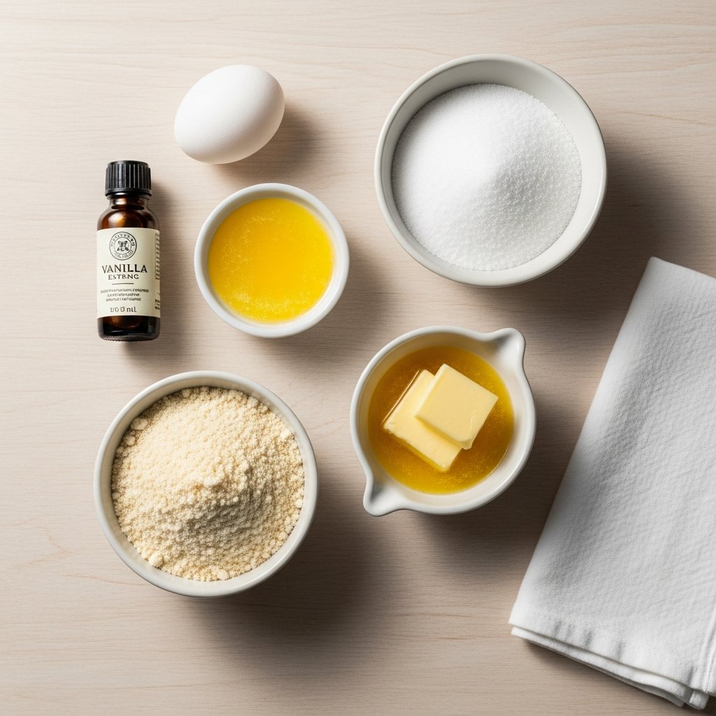 Zutaten für den süßen Mürbeteigboden: Mandelmehl, Butter, Erythrit und Ei