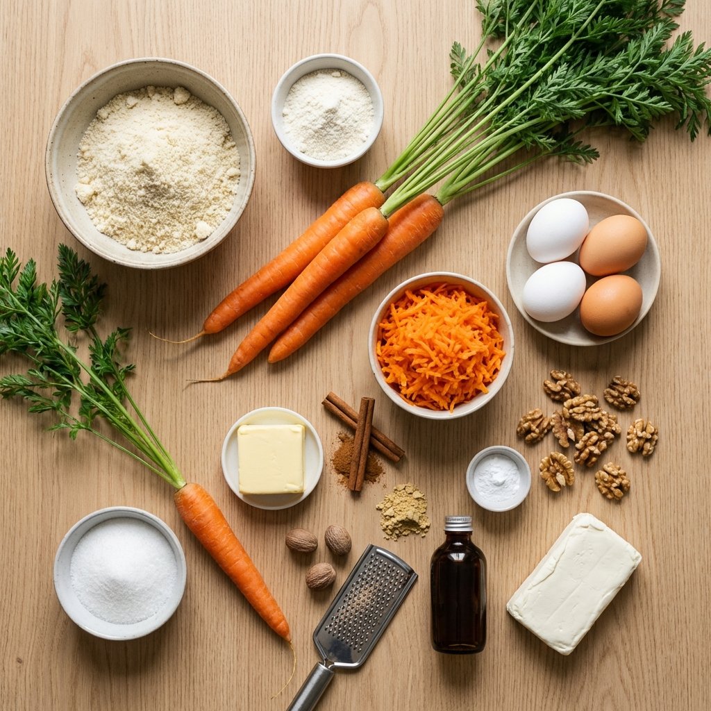 Zutaten für Keto Karottenkuchen: Mandelmehl, Karotten, Eier, Butter und Gewürze
