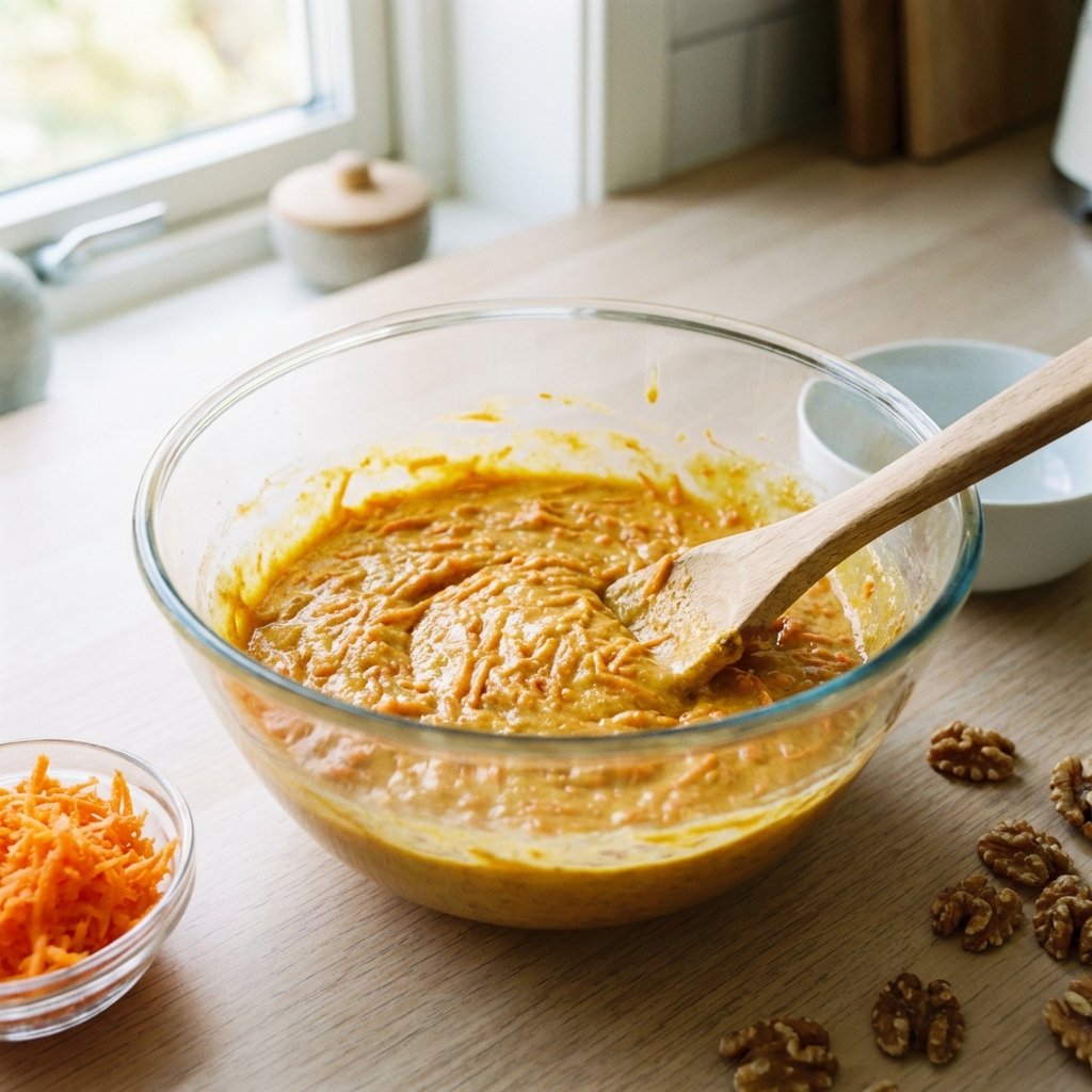 Keto Karottenkuchen-Teig mit geriebenen Karotten und Walnüssen