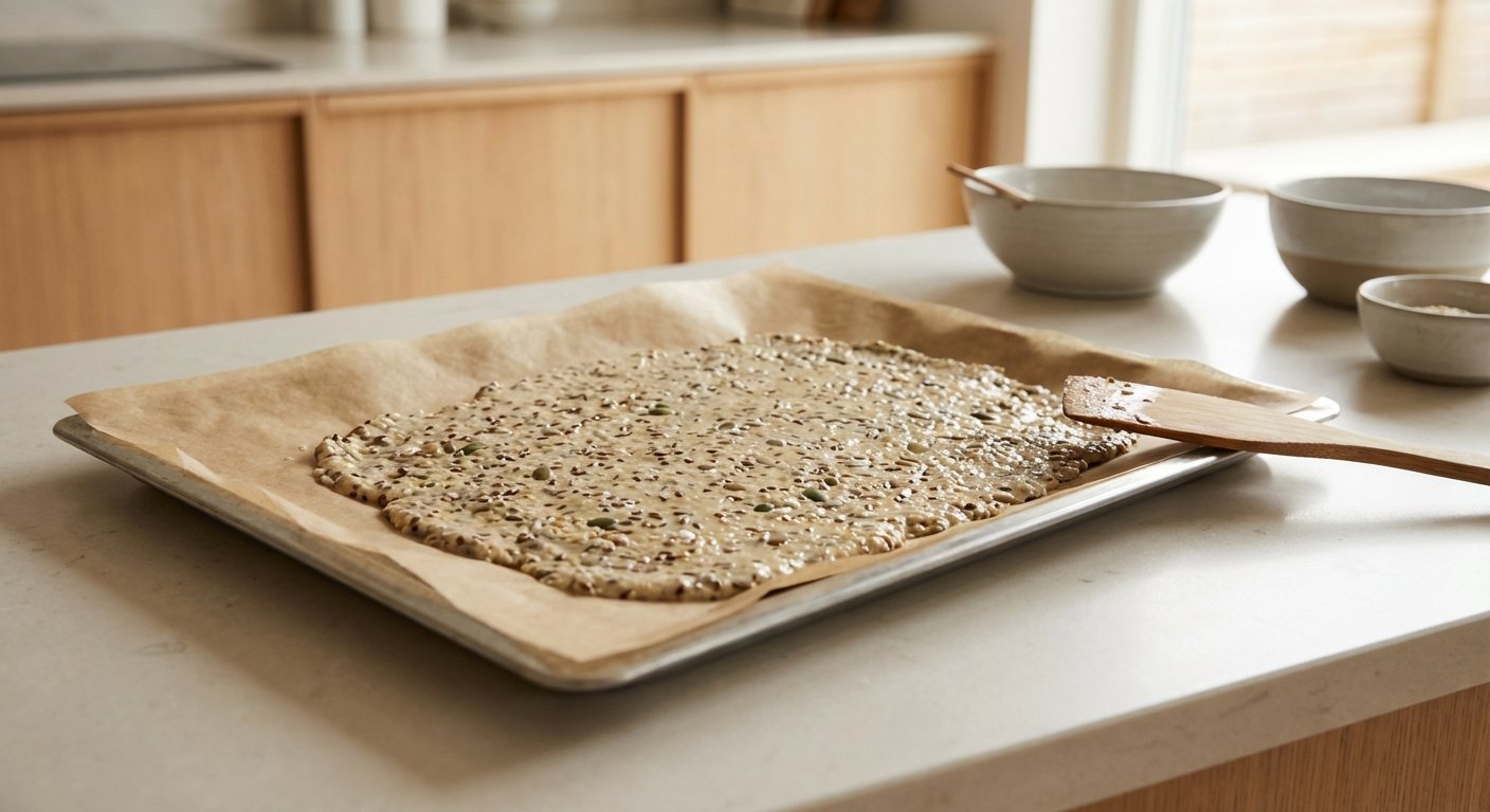 Knäckebrot-Teig auf dem Backblech ausgestrichen