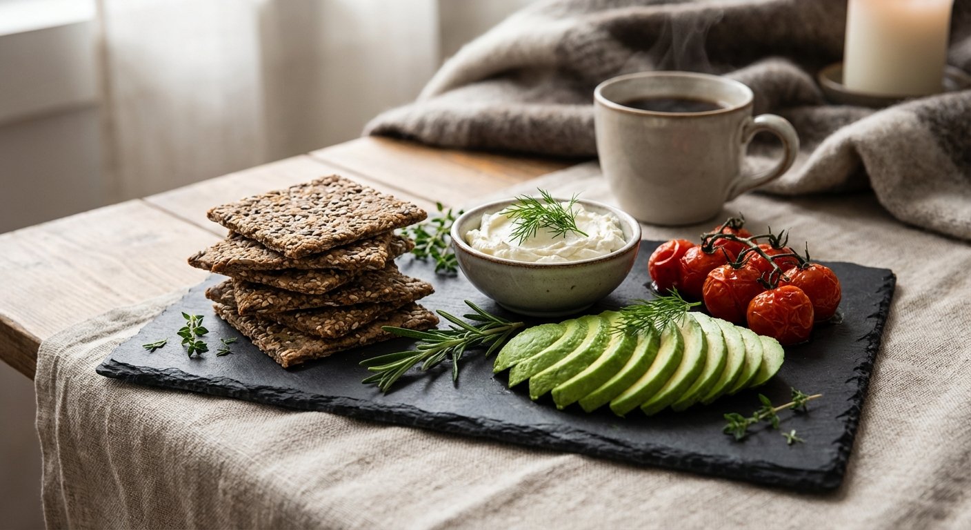 Knäckebrot serviert mit Frischkäse und Avocado