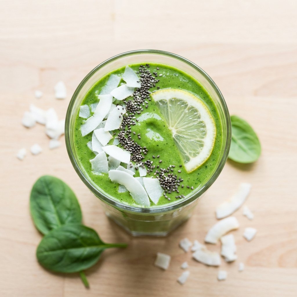 Grüner Smoothie von oben mit Kokosflocken und Chiasamen