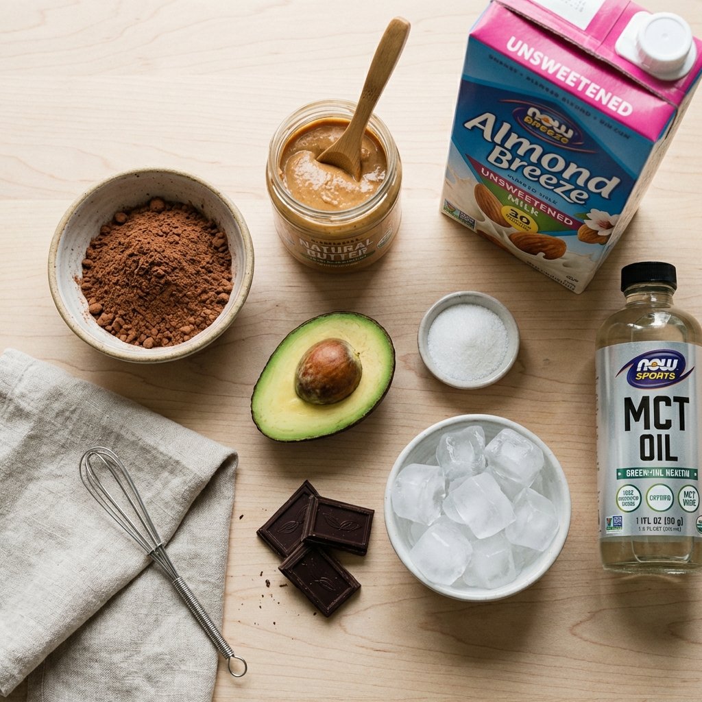 Zutaten für Schokolade-Erdnussbutter Keto Smoothie: Kakao, Erdnussbutter, Mandelmilch und Avocado