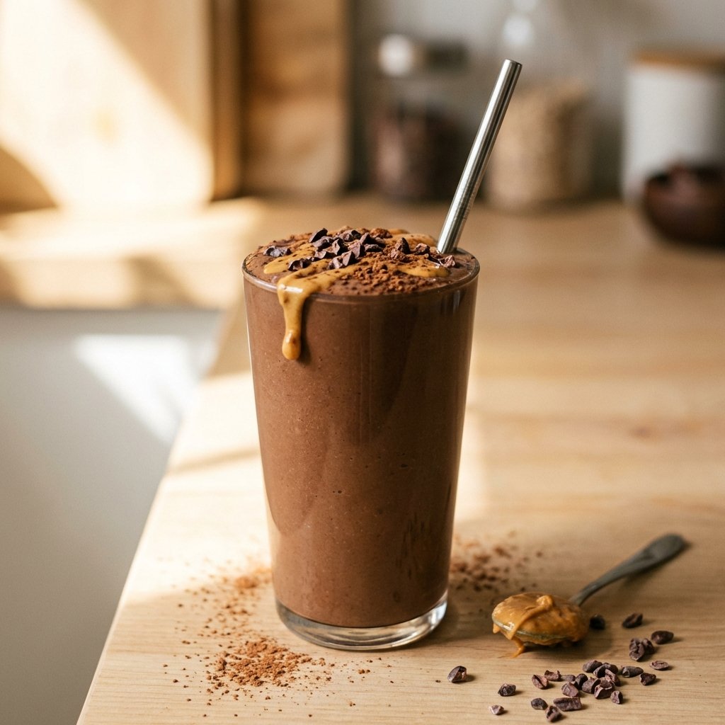 Cremiger Schokolade-Erdnussbutter Keto Smoothie im Glas