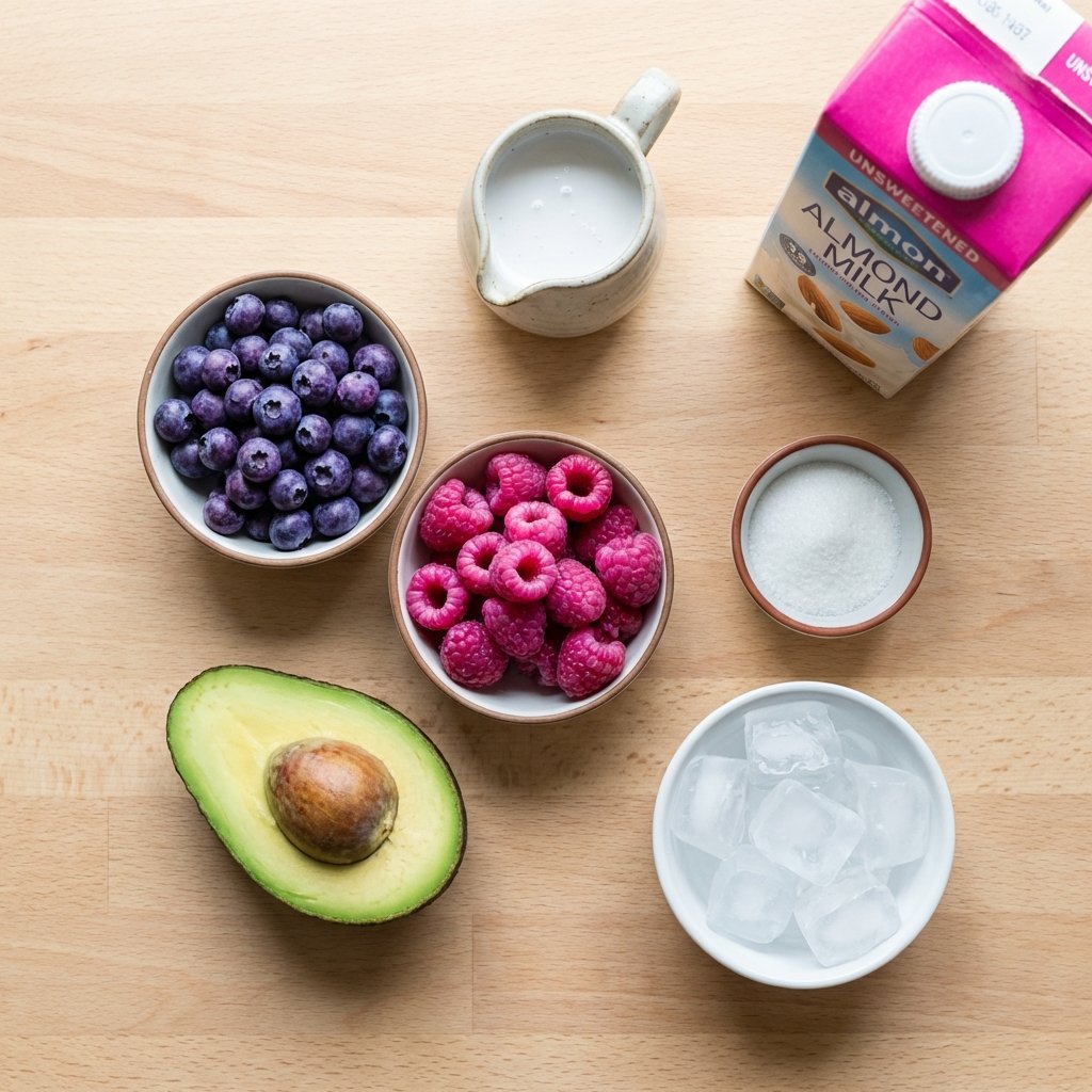 Zutaten für Beeren-Smoothie: Blaubeeren, Himbeeren, Avocado, Kokoscreme und Mandelmilch