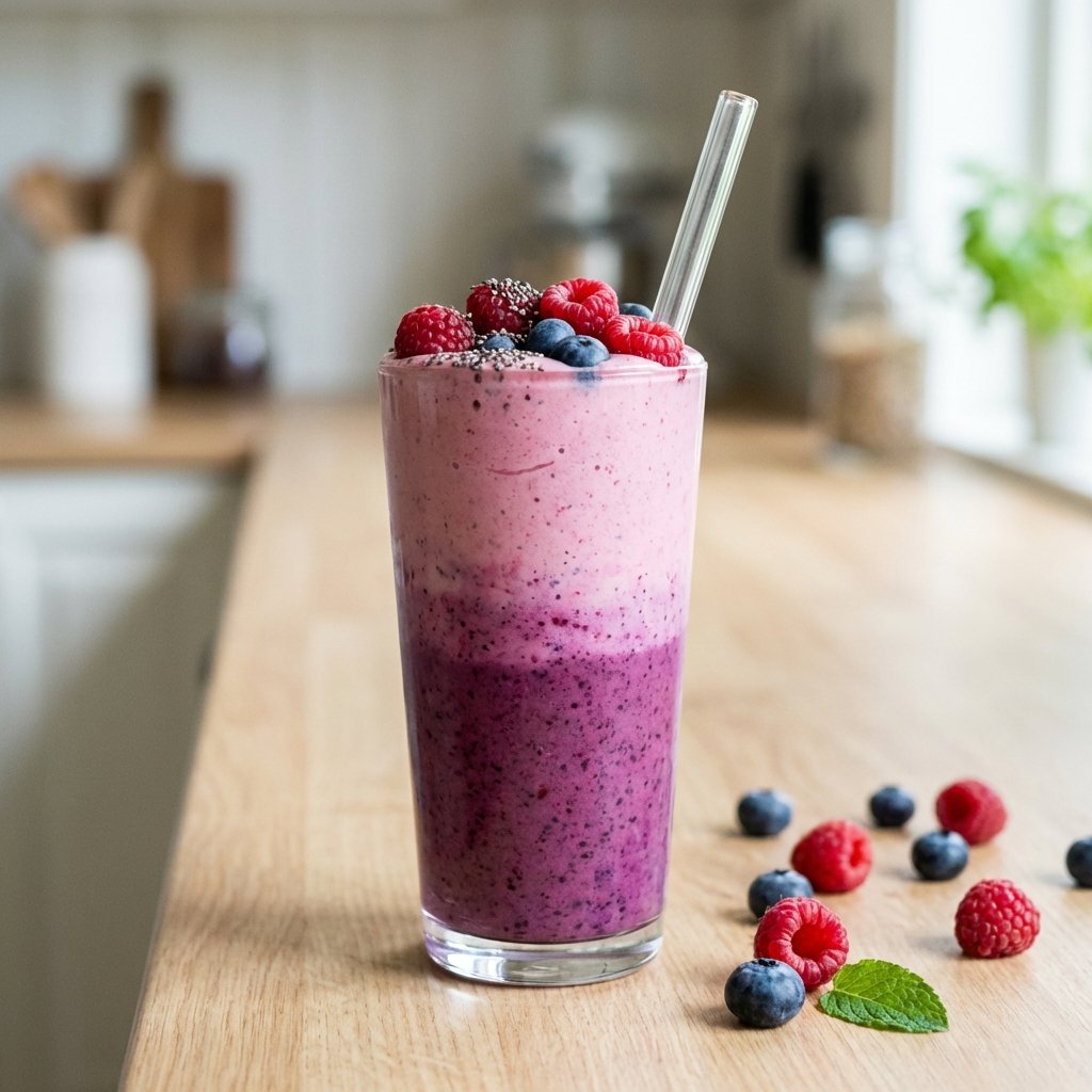 Himbeer-Blaubeer Keto Smoothie im Glas mit frischen Beeren