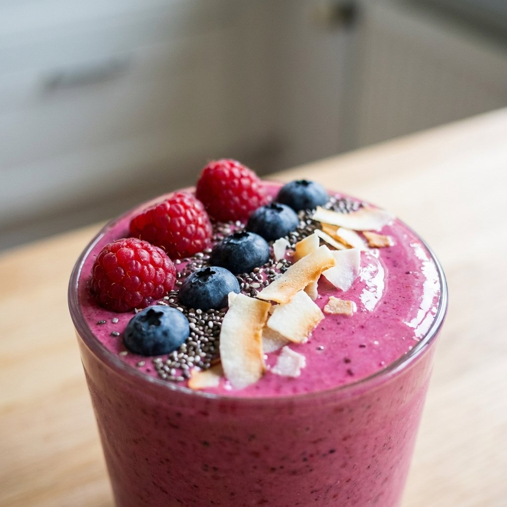 Beeren-Smoothie in Nahaufnahme – frische Blaubeeren und Himbeeren obenauf