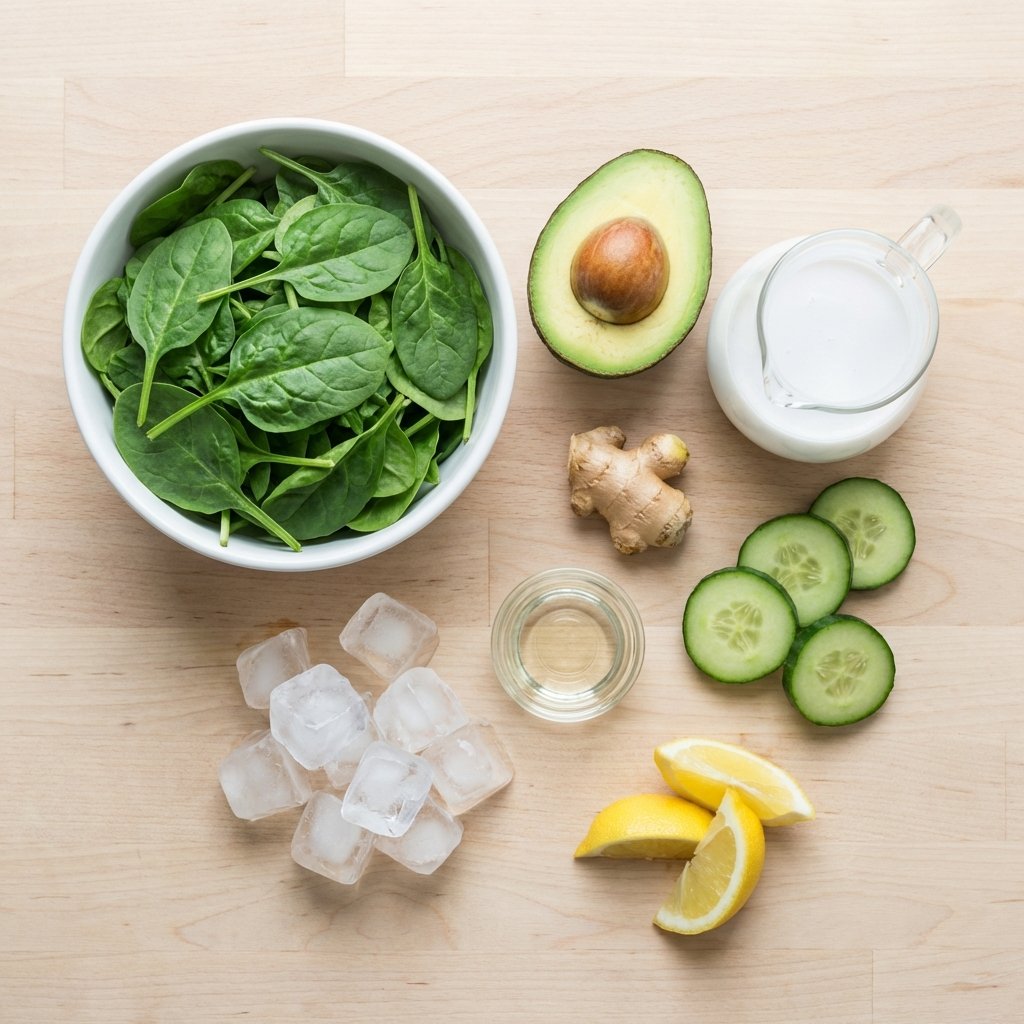 Zutaten für grünen Smoothie: Spinat, Avocado, Kokosmilch, Gurke und Ingwer
