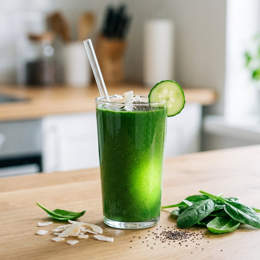 Grüner Keto Smoothie im Glas mit Kokosflocken