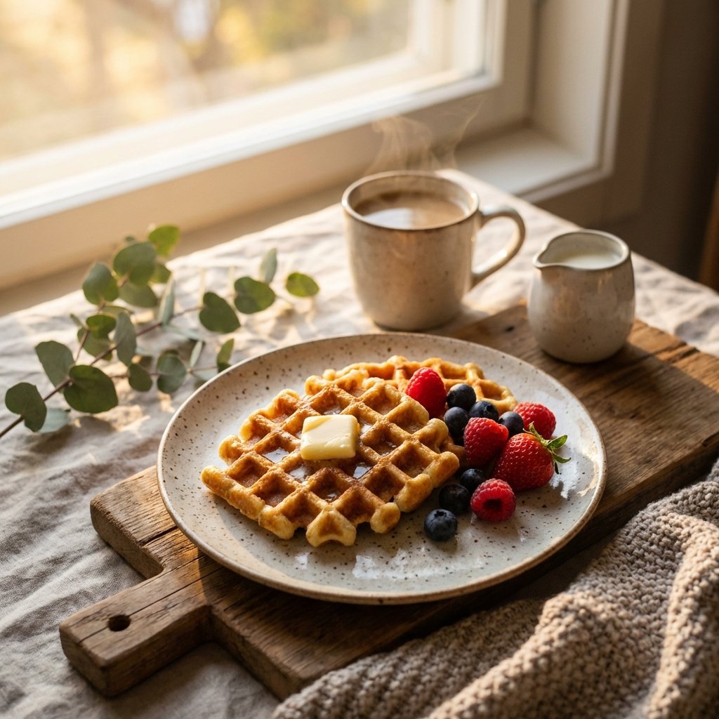 Keto Waffeln zum Frühstück mit Beeren und Kaffee