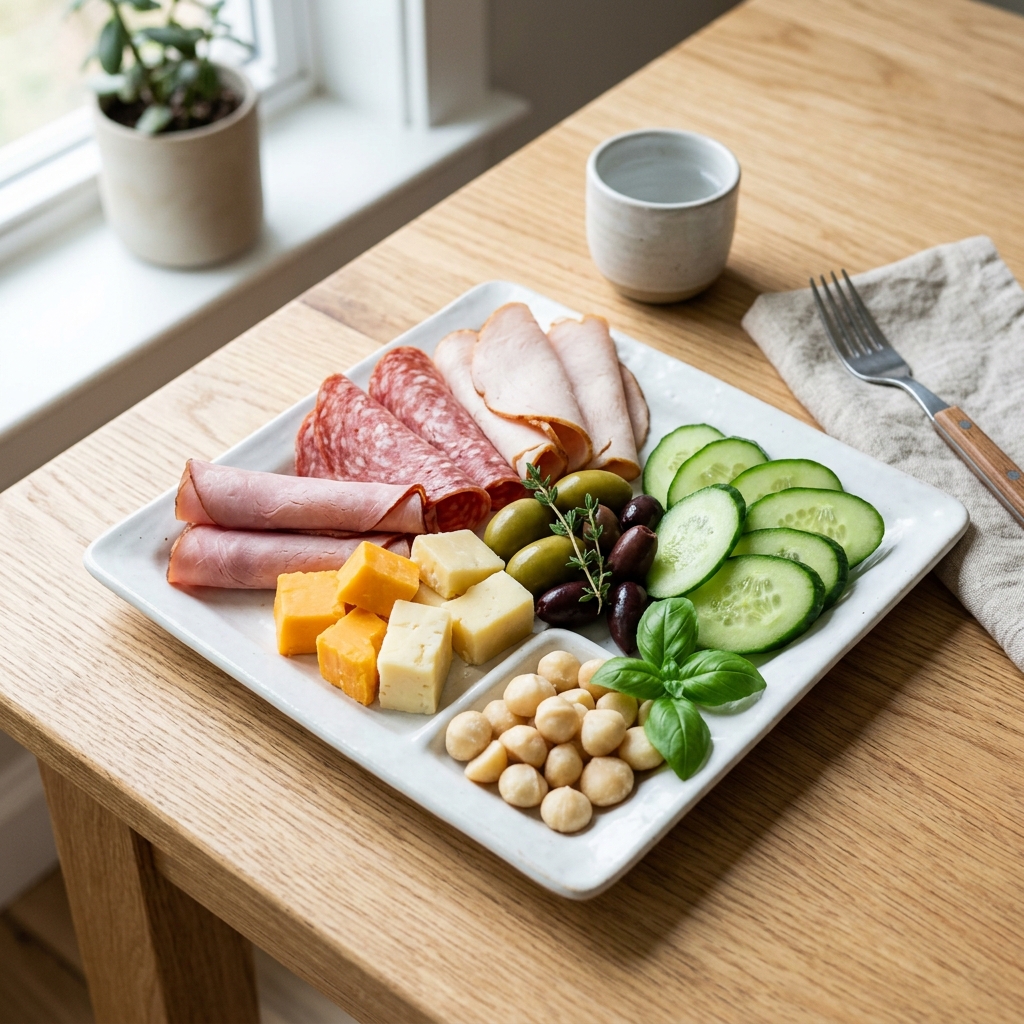 Keto Wurst- und K&auml;seplatte mit K&auml;se und Oliven
