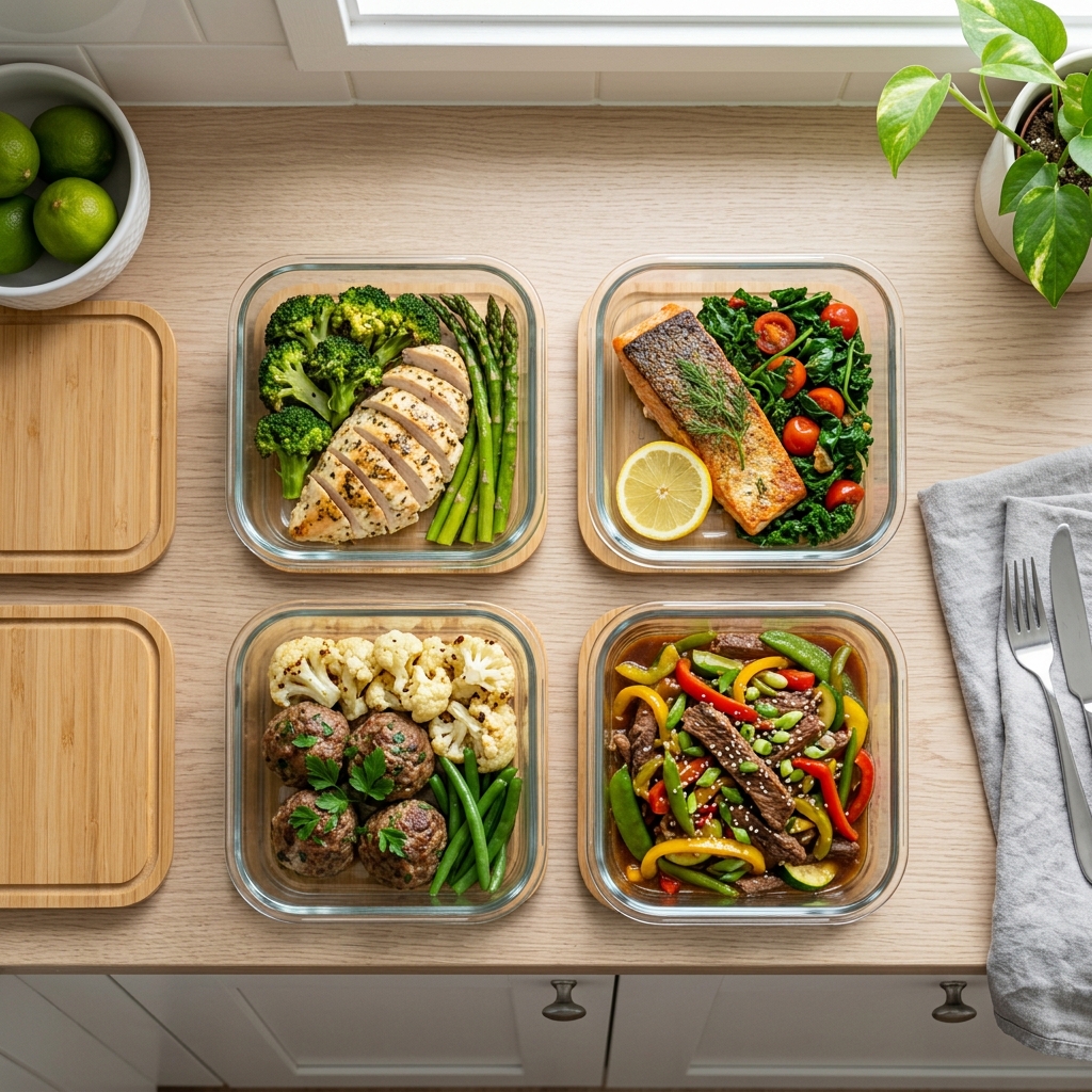 Meal-Prep mit Keto-Abendessen f&uuml;r die ganze Woche