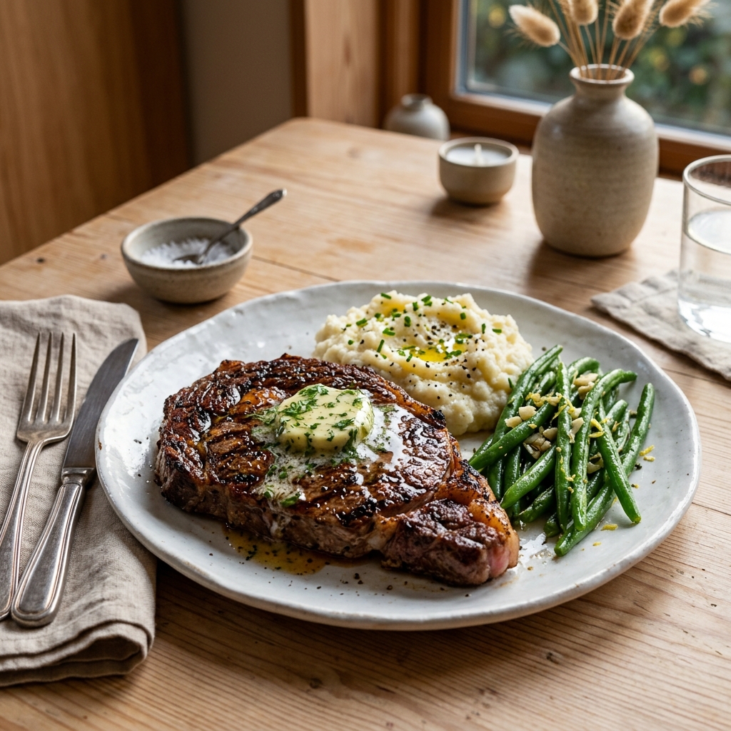 Steaks mit Kr&auml;uterbutter und Blumenkohlp&uuml;ree